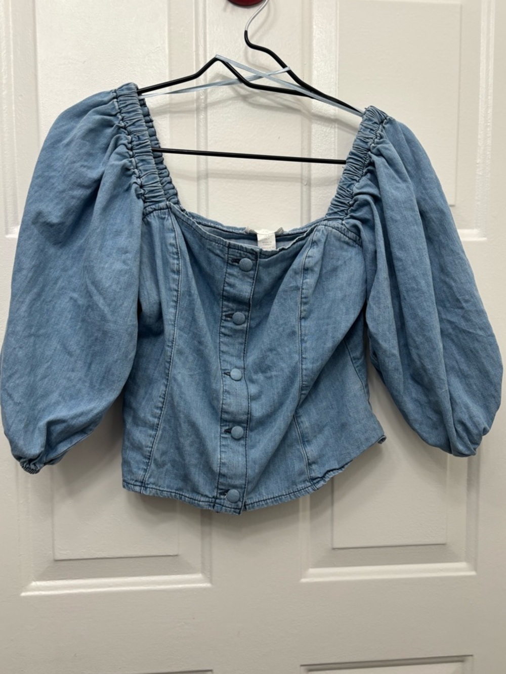 H&M Light Blue 100% cotton Denim Puff-Sleeve Square Neck Blouse